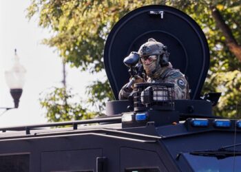 A federal officer stands guard in the Brighton Park neighborhood of Chicago, on Saturday, Oct. 4, 2025, after protesters learned that U.S. Border Patrol shot a woman Saturday morning on Chicago's Southwest Side. (Anthony Vazquez/Chicago Sun-Times via AP)