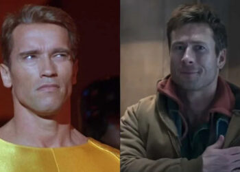 Arnold Schwarzenegger and Glen Powell in their respective version of The Running Man.