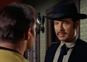 Charles Maxwell's Virgil Earp stands in front of William Shatner's Captain Kirk in Star Trek