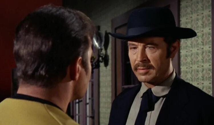Charles Maxwell's Virgil Earp stands in front of William Shatner's Captain Kirk in Star Trek