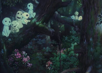 Woodland spirits sit in the trees in Princess Mononoke