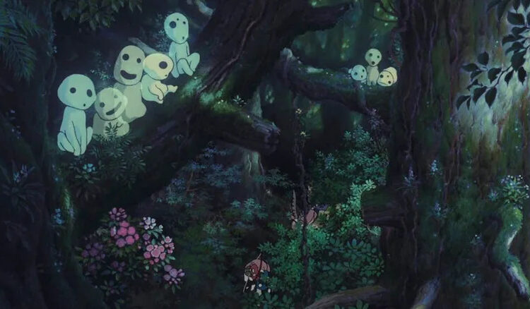 Woodland spirits sit in the trees in Princess Mononoke
