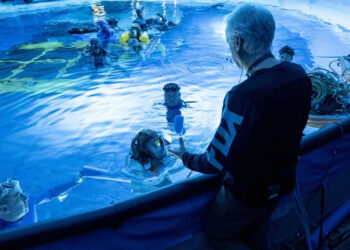 James Cameron directing the cast of Avatar: The Way of Water on a massive water tank