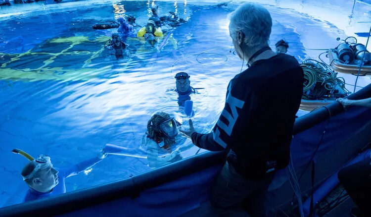 James Cameron directing the cast of Avatar: The Way of Water on a massive water tank
