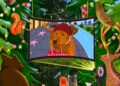 Illustration of a group of animals watching a movie in the forest