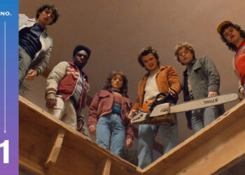 Courtesy of Netflix Finn Wolfhard as Mike Wheeler, Caleb McLaughlin as Lucas Sinclair, Natalia Dyer as Nancy Wheeler, Joe Keery as Steve Harrington, Charlie Heaton as Jonathan Byers, and Gaten Matarazzo as Dustin Henderson on 'Stranger Things' season 5
