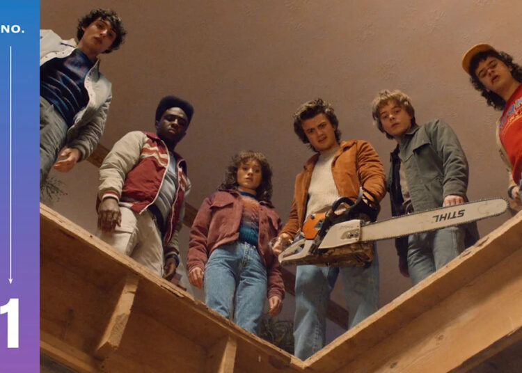 Courtesy of Netflix Finn Wolfhard as Mike Wheeler, Caleb McLaughlin as Lucas Sinclair, Natalia Dyer as Nancy Wheeler, Joe Keery as Steve Harrington, Charlie Heaton as Jonathan Byers, and Gaten Matarazzo as Dustin Henderson on 'Stranger Things' season 5