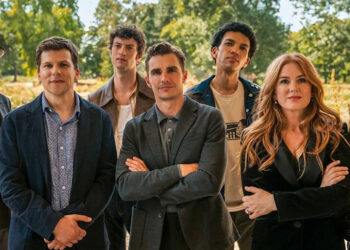 Woody Harrelson, Jesse Eisenberg, Dominic Sessa, Dave Franco, Justice Smith, Isla Fisher, and Ariana Greenblatt in Now You See Me: Now You Don't.