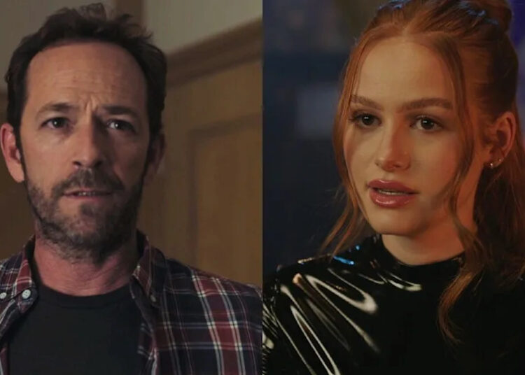 From left to right: a side-by-side of Luke Perry and Madelaine Petsch on Riverdale. .