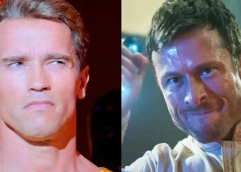 Arnold Schwarzenegger in The Running Man (1987), Glen Powell in The Running Man (2025). .