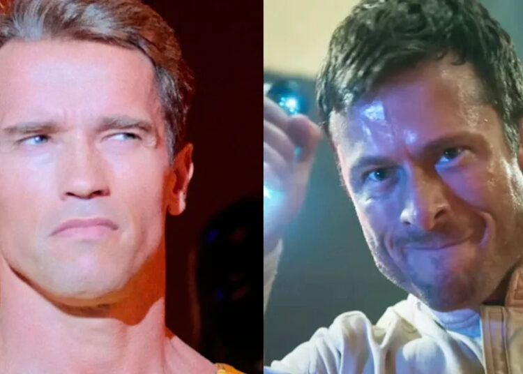Arnold Schwarzenegger in The Running Man (1987), Glen Powell in The Running Man (2025). .