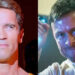 Arnold Schwarzenegger in The Running Man (1987), Glen Powell in The Running Man (2025). .