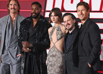 Lee Pace, Colman Domingo, Emilia Jones, Edgar Wright and Glen Powell attend the UK Premiere of "The Running Man" at Odeon Luxe Leicester Square on November 5, 2025 in London, England.