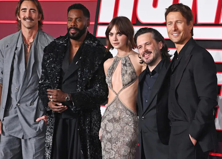 Lee Pace, Colman Domingo, Emilia Jones, Edgar Wright and Glen Powell attend the UK Premiere of "The Running Man" at Odeon Luxe Leicester Square on November 5, 2025 in London, England.