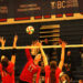 Vernon Panthers middle Deelah Arnold (11) smashes the ball between the blocks of Josie Bolduc (13) and Addison Toth of the Esquimalt Dockers during opening-day play at the B.C. High School Senior Girls AAA Volleyball Championships Thursday, Nov. 27, at the Panther Pit. (Roger Knox - Morning Star)