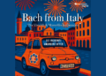 Illustrated cover for Bach from Italy shows an orange car in a cityscape with fireworks overhead, featuring details like license plate MD-T 5156 and album artist information.