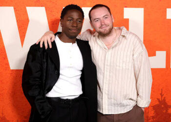 David Jonsson (left) and Cooper Hoffman pose at a special screening of "The Long Walk" in Hollywood.