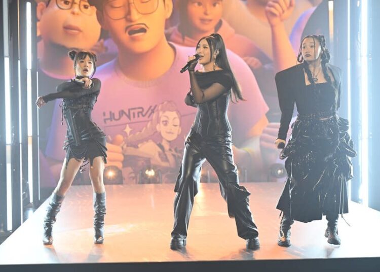 Rei Ami, Ejae, and Audrey Nuna perform onstage on The Tonight Show Episode 1309.