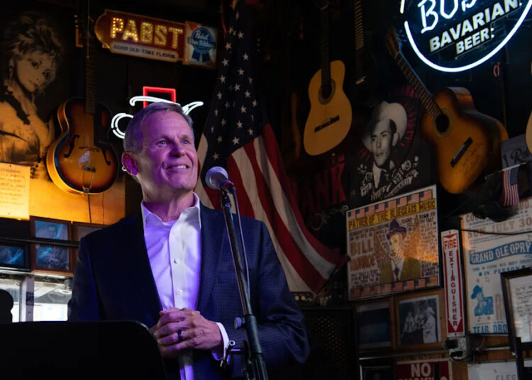 Gov. Bill Lee talks about the importance of the ELVIS Act to prevent unauthorized uses of artists’ voices and likenesses from AI technology at Robert's Western World in Nashville, Tenn., Thursday, March 21, 2024.