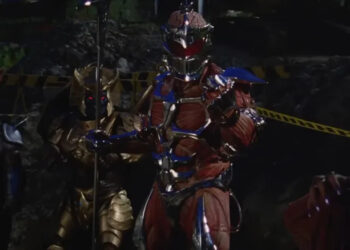 Lord Zedd and two monster minions at a construction site in Mighty Morphin Power Rangers: The Movie