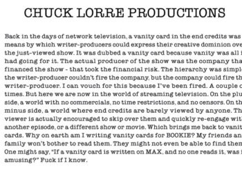 A vanity card from Bookie season 1 where Chuck Lorre complains about no one reading his vanity cards