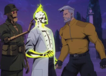 GI Robot, Dr. Phosphorus, and Rick Flag Sr. standing together in Creature Commandos