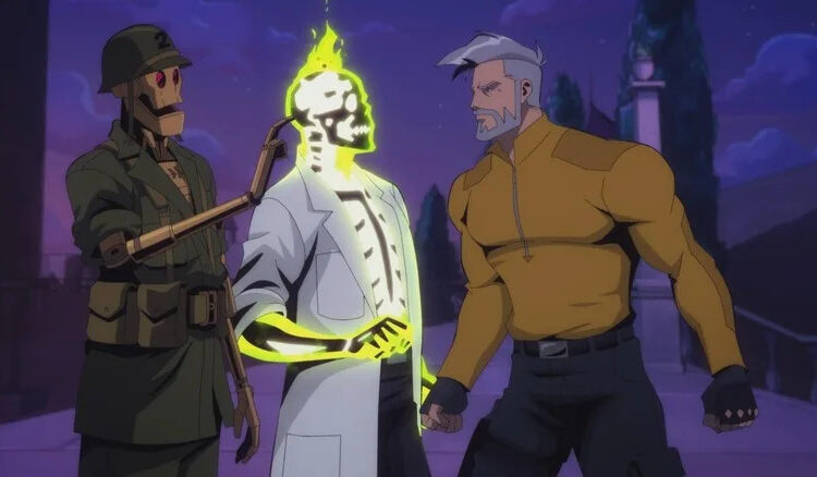 GI Robot, Dr. Phosphorus, and Rick Flag Sr. standing together in Creature Commandos
