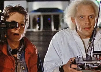 Marty and Doc Brown watch the DeLorean in Back to the Future