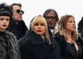 Ruth Codd, Paloma Faith and Charlott Church dressed in black and looking solemn in The Celebrity Traitors.