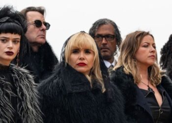 Ruth Codd, Paloma Faith and Charlott Church dressed in black and looking solemn in The Celebrity Traitors.