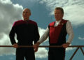 Captains Picard and Kirk on a catwalk in Star Trek: Generations.