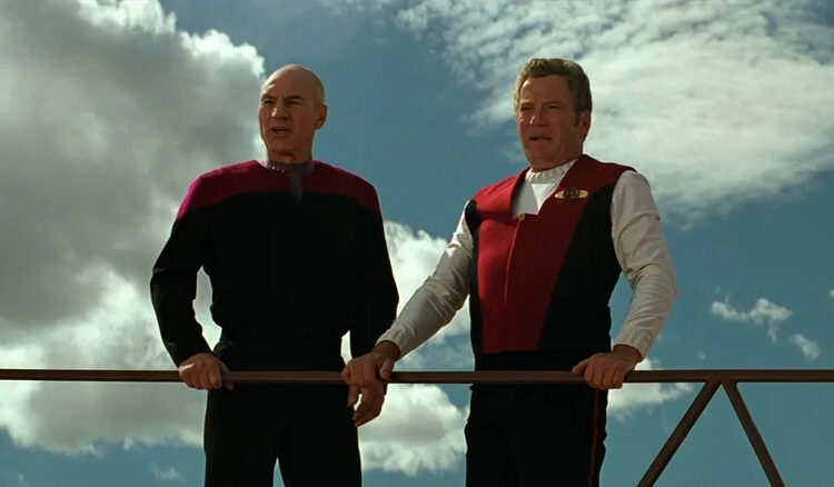 Captains Picard and Kirk on a catwalk in Star Trek: Generations.