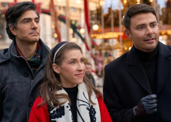 Siblings Dylan, Cal, and Emory are at a crossroads in their lives and have drifted apart. To help, their parents plan a family Christmas river cruise visiting Germany and Austria. Photo: Brandon Routh, Eden Sher, Jonathan Bennett Credit: ©2025 Hallmark Media/Photographer: Adriana Yankulova
