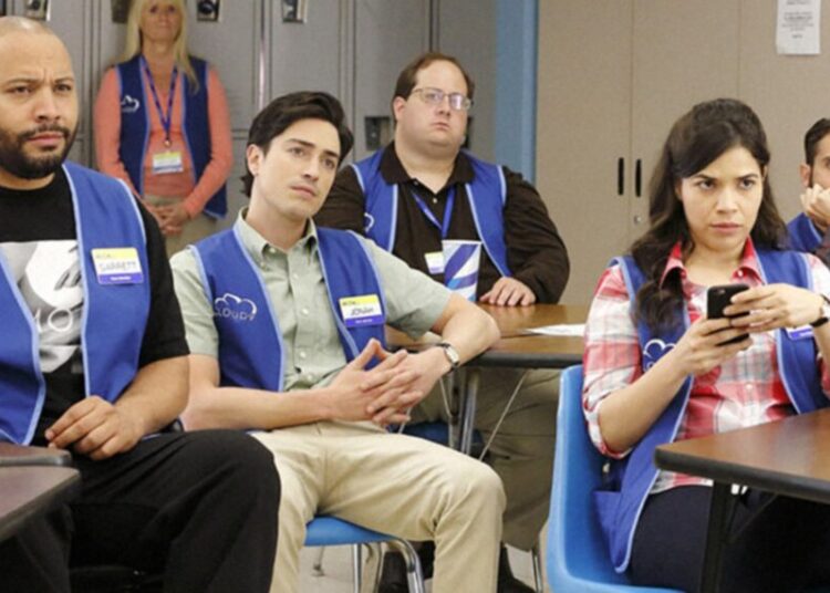 Colton Dunn, Ben Feldman, and America Ferrera in 'Superstore' Season 1 pilot