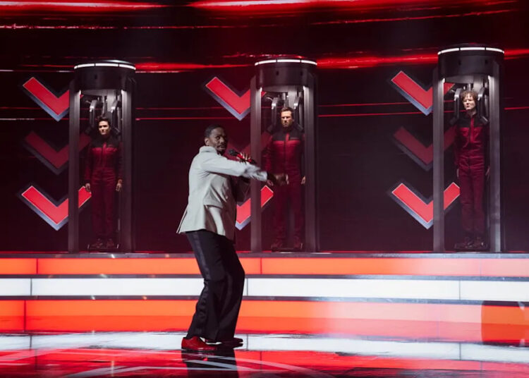 Katy O’Brian, Colman Domingo, Glen Powell and Martin Herlihy in ‘The Running Man’ | Photo: Paramount Pictures