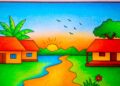 Simple village scenery drawing. Easy pencil sketch for beginners.  #landscapedrawing #drawing #art