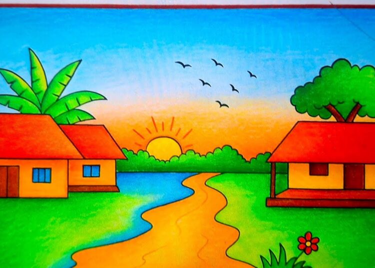 Simple village scenery drawing. Easy pencil sketch for beginners.  #landscapedrawing #drawing #art
