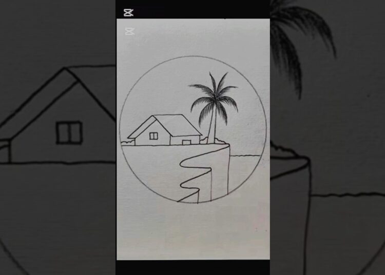 Beautiful Village Drawing Inside a Circle | Easy Scenery Art for Beginners