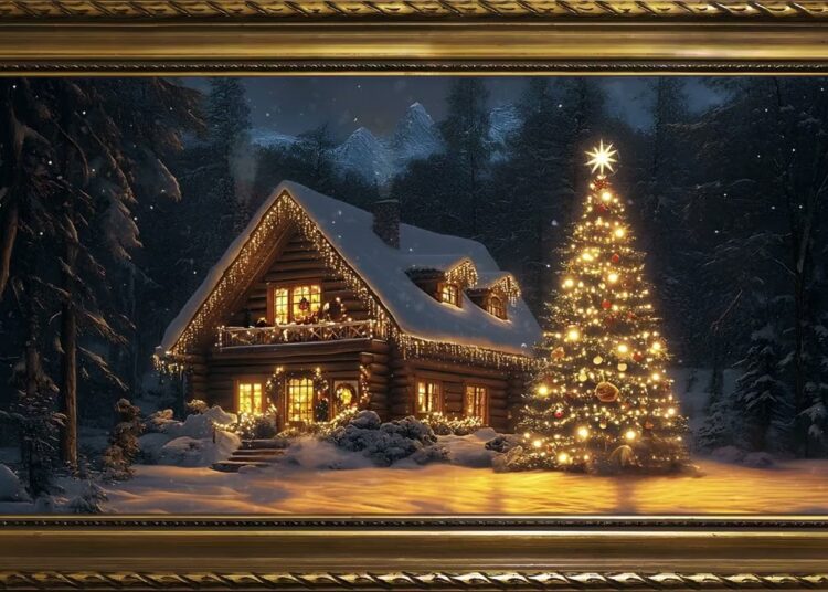 Home for Christmas, Vintage Oil Painting | Gold Framed TV Art Screensaver with Music