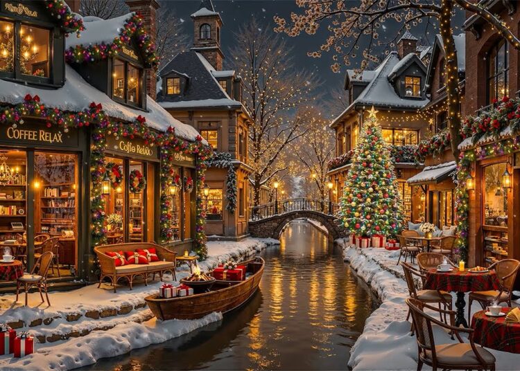 Snowy Cozy Coffee Shop Ambience with Relaxing Jazz Music 🎄 Gently Fireplace Christmas Jazz Melody