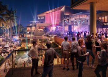 Rendering of a 3,500-seat live music and performance venue planned in downtown Tampa at night