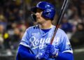 Mar 4, 2023; Surprise, Arizona, USA; Kansas City Royals outfielder Gavin Cross against the Los Angeles Dodgers during a spring training game at Surprise Stadium. Mandatory Credit: Mark J. Rebilas-Imagn Images