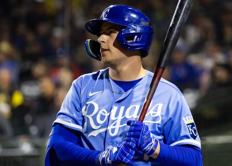 Mar 4, 2023; Surprise, Arizona, USA; Kansas City Royals outfielder Gavin Cross against the Los Angeles Dodgers during a spring training game at Surprise Stadium. Mandatory Credit: Mark J. Rebilas-Imagn Images