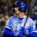 Mar 4, 2023; Surprise, Arizona, USA; Kansas City Royals outfielder Gavin Cross against the Los Angeles Dodgers during a spring training game at Surprise Stadium. Mandatory Credit: Mark J. Rebilas-Imagn Images
