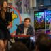 Claire DeJean sings while Will Butler plays a keyboard at Amoeba Music.