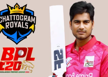 Mohammad Naim holding a cricket bat, featured with Chattogram Royals and BPL T20 2024 logos, representing his participation in the Bangladesh Premier League.