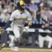 Milwaukee Brewers' Isaac Collins (6) runs after hitting a RBI single to score Jackson Chourio during the fourth inning of a baseball game against the Miami Marlins, Saturday, July 5, 2025, in Miami.