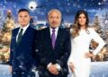 Mike Soutar, Lord Sugar and Baroness Brady standing in front of an imposed image of Lapland, wearing suits and office attire.