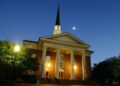 chapel at night, Daniel Memorial Chapel