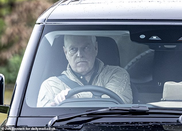 Andrew Mountbatten-Windsor was seen with a solemn expression on his face as he drove his Land Rover defender out of Royal Lodge today